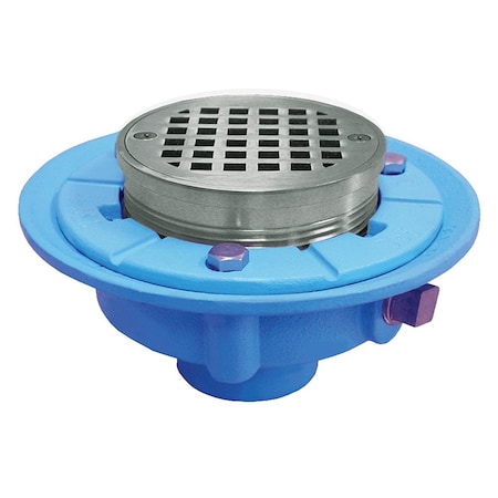 Jones Stephens 4in No Hub Code Blue Floor Drain, 7in Pan, 5in Chrome Plated Round Strainer, Height 3-1/2in-4-3/4in D65602